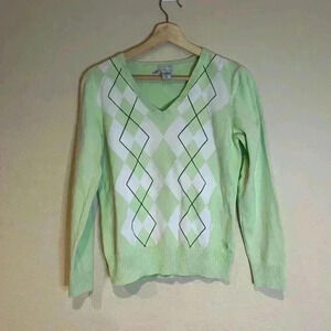 Izod golf argyle style green white sweater M 100% cotton